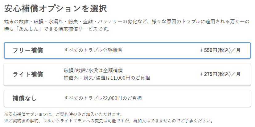 安心補償オプションの選択